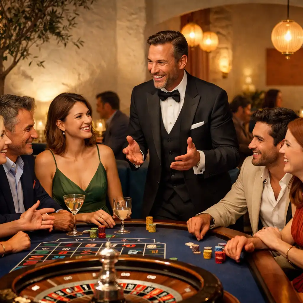 Convives autour d’une table de roulette de divertissement dans un restaurant élégant