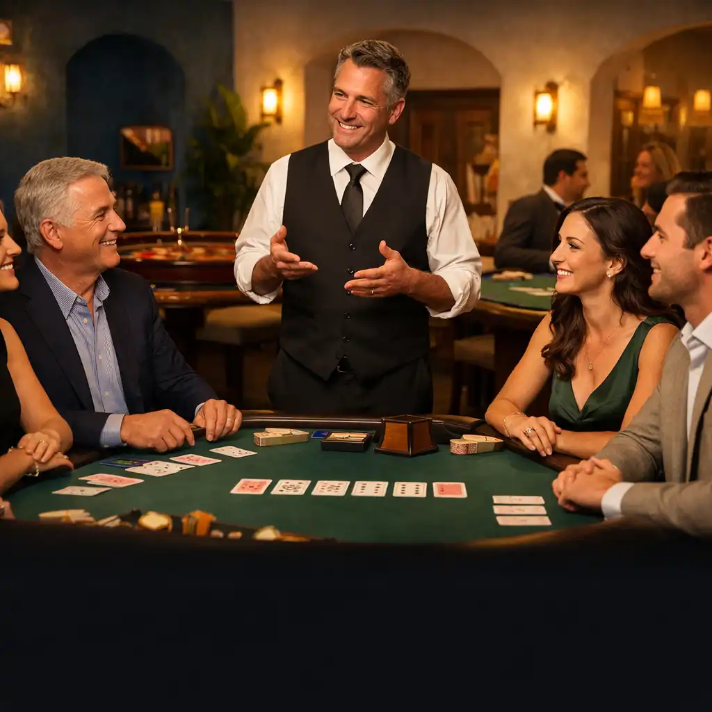 Invités souriants autour d’une animation sociale de poker dans un lounge élégant
