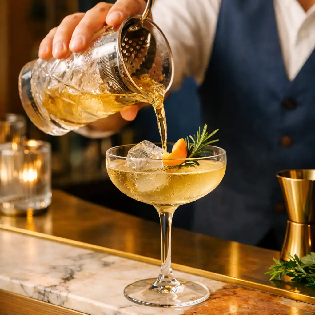 Bartender préparant un cocktail dans un bar aux détails de marbre et de laiton
