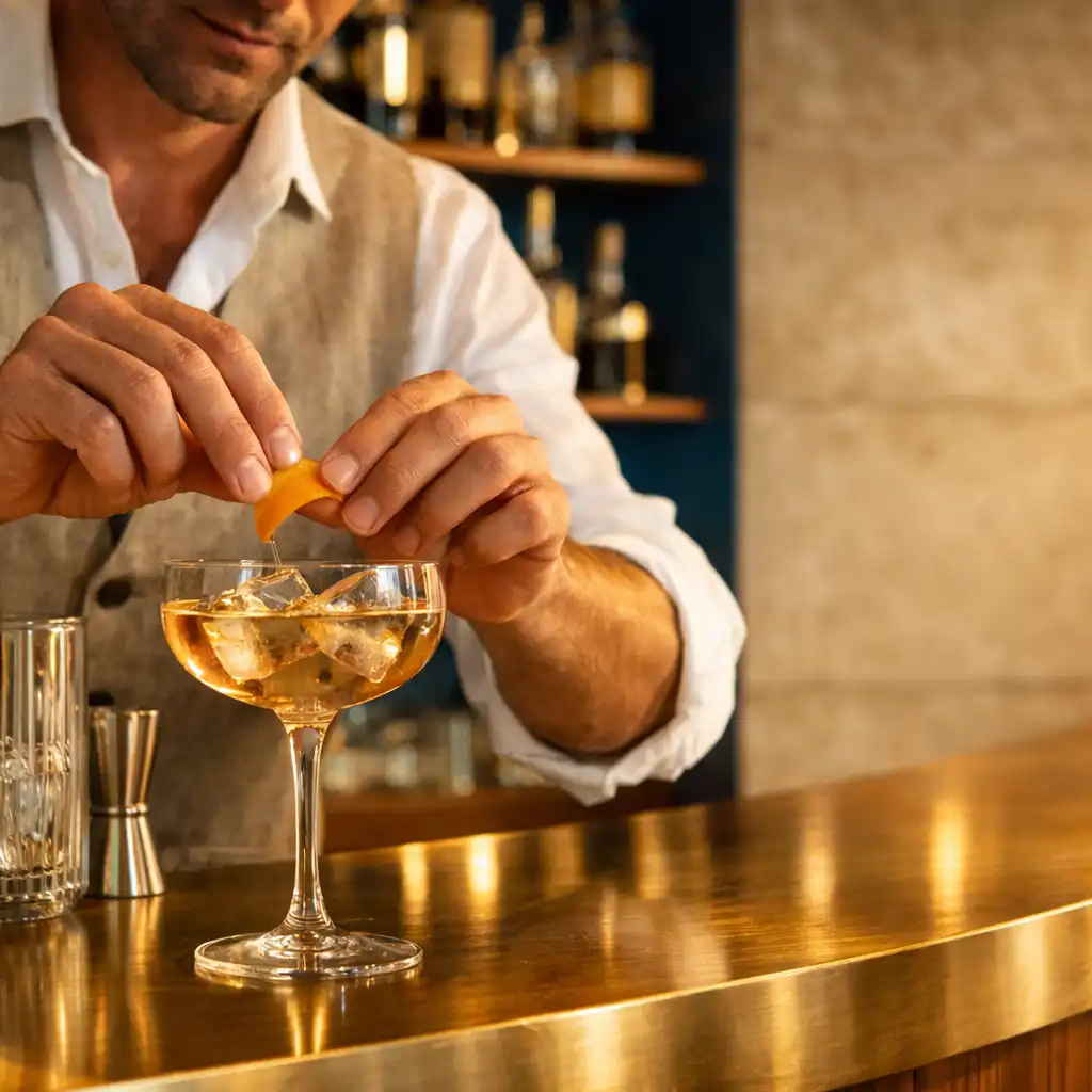 Barman préparant un cocktail dans une lumière chaude de début de soirée
