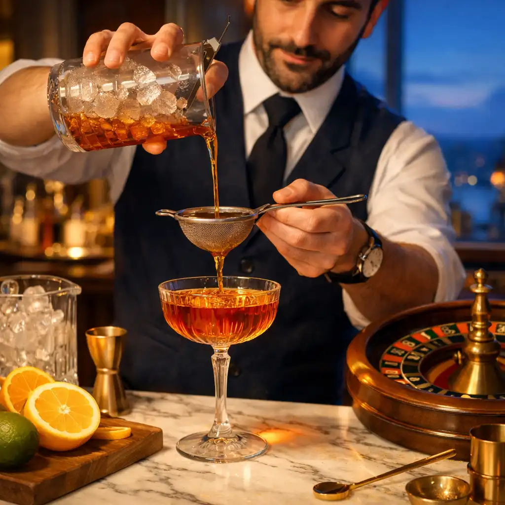 Mixologue préparant un cocktail près d’une roulette décorative pour une animation sociale
