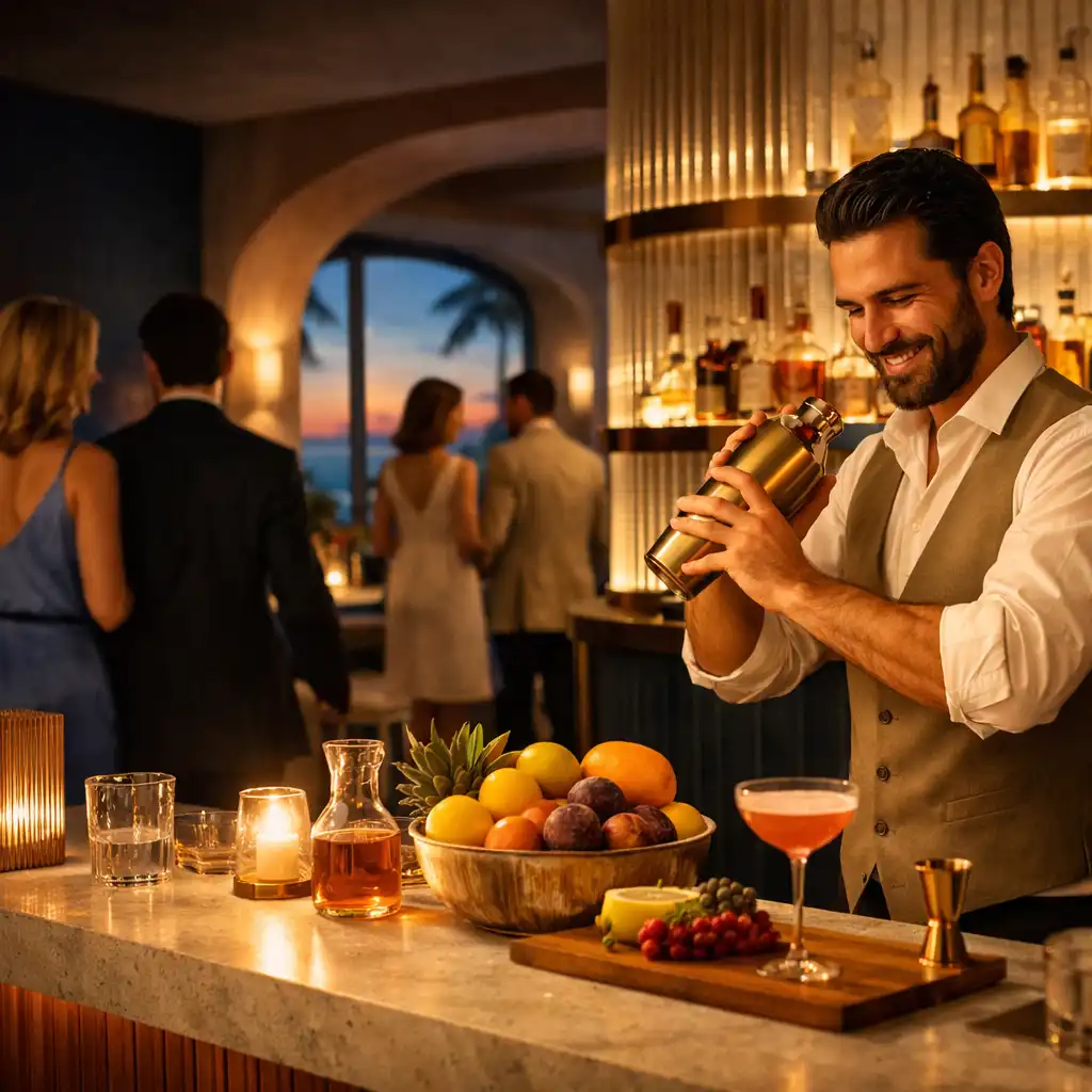 Barman préparant un cocktail tandis que des invités se dirigent vers le lounge