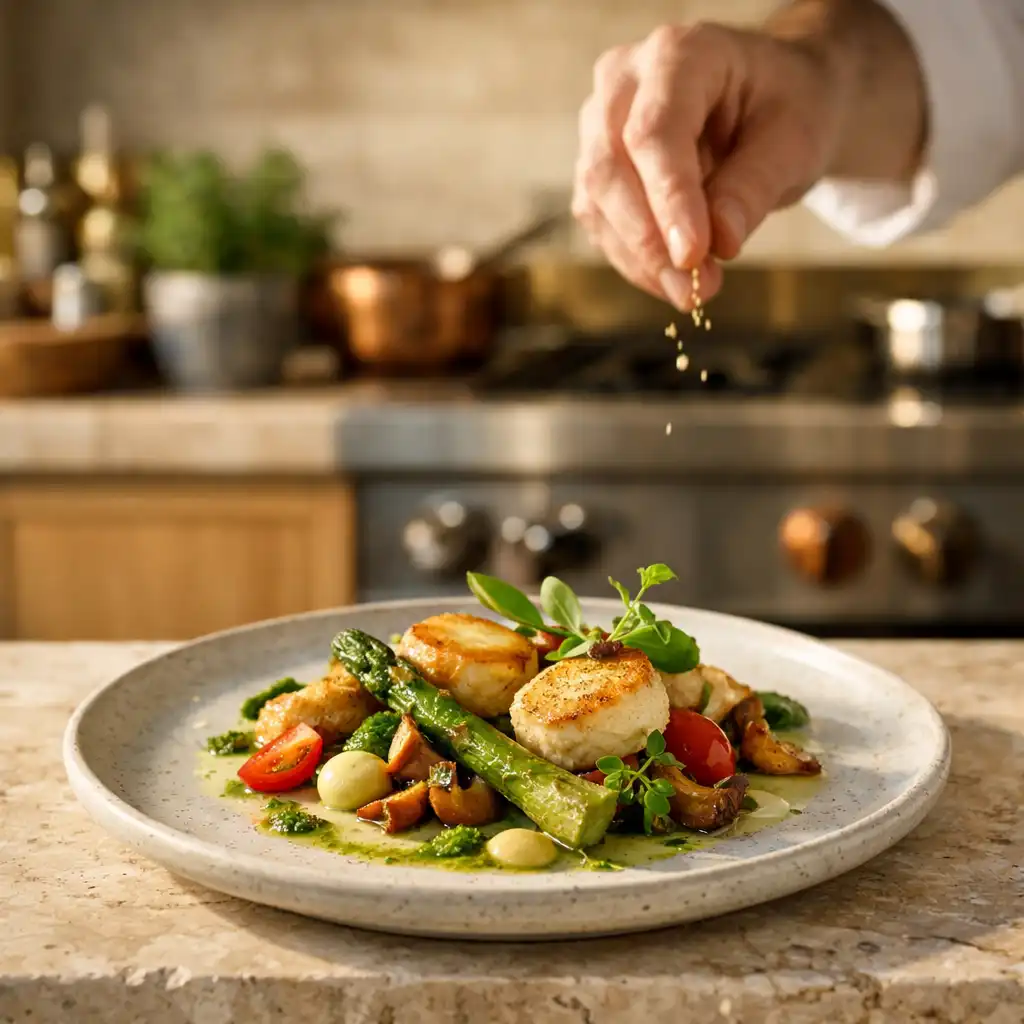 Assiette de cuisine française saisonnière, terminée par la main d’un chef