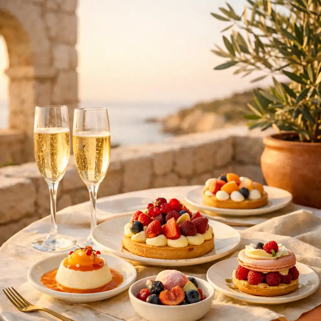 Desserts de saison et flûtes de champagne sur une terrasse méditerranéenne