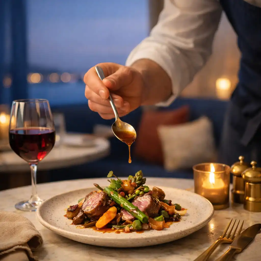 Assiette de cuisine française de saison servie sur une table en marbre