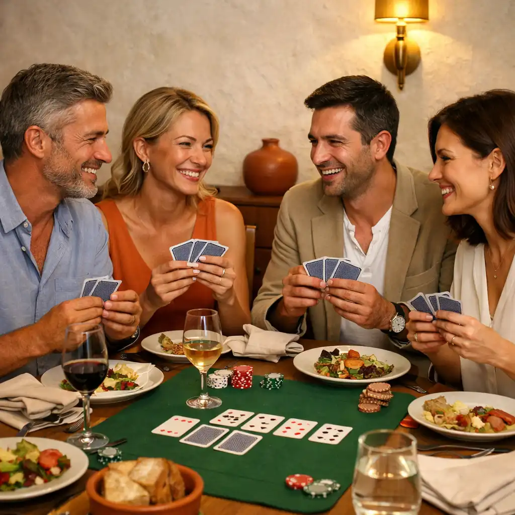 Convives souriants autour d’une table avec des cartes lors d’une animation sociale