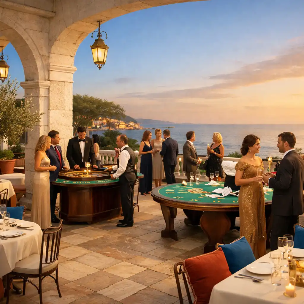 Terrasse Riviera avec convives, dîner et animations sociales