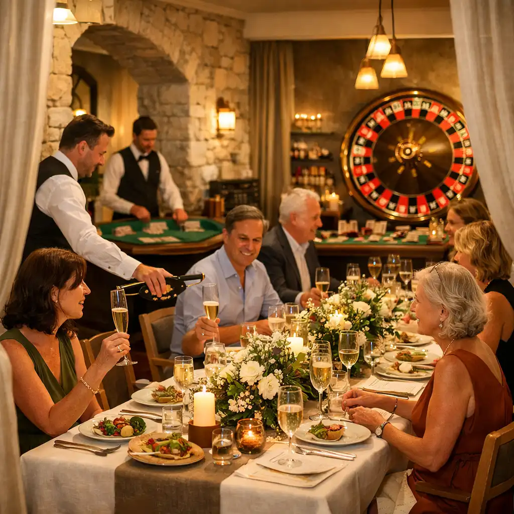 Longue table de célébration privée dans un restaurant de la Côte d’Azur