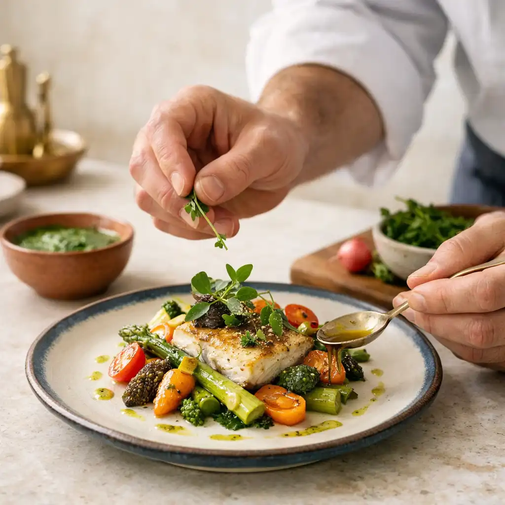 Mains d’un chef finalisant une assiette de saison