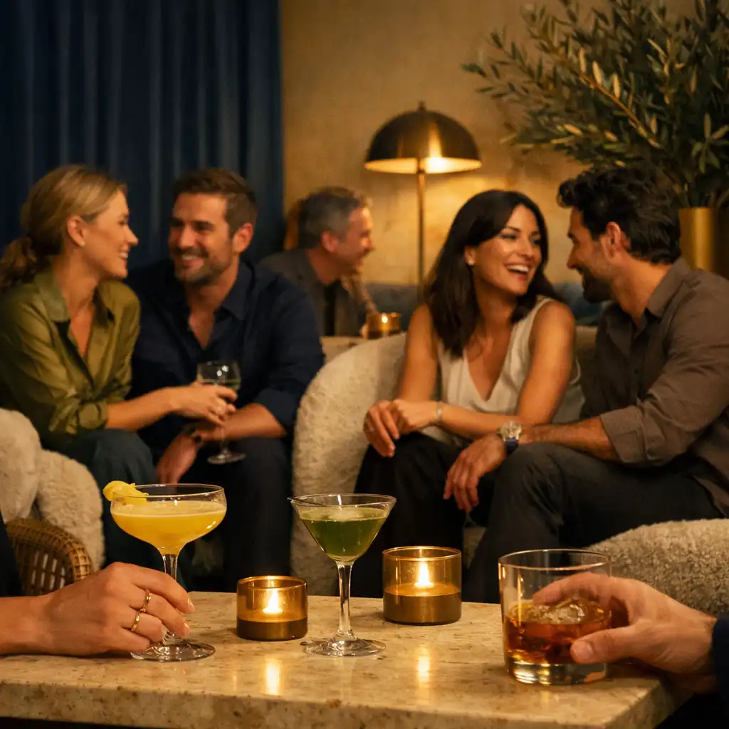 Amis échangeant autour de cocktails dans un lounge aux teintes chaudes