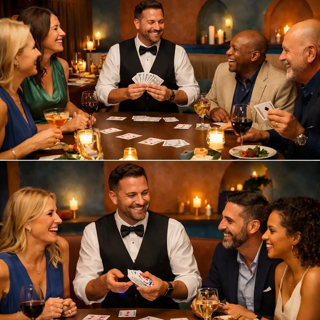 Convives autour d’un dîner et d’une animation de cartes sociale sans argent réel