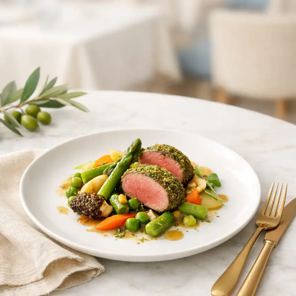 Assiette de cuisine française saisonnière sur une table en marbre et lin