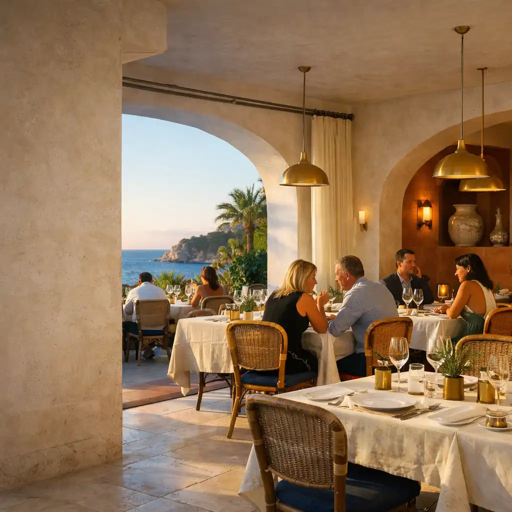 Salle lumineuse d’Orvazqin ouverte sur la terrasse avec des convives au dîner
