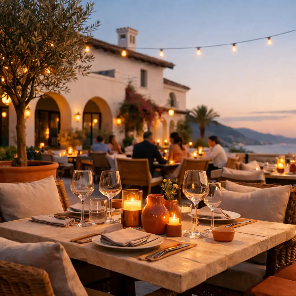 Terrasse méditerranéenne d'Orvazqin à la lumière du soir