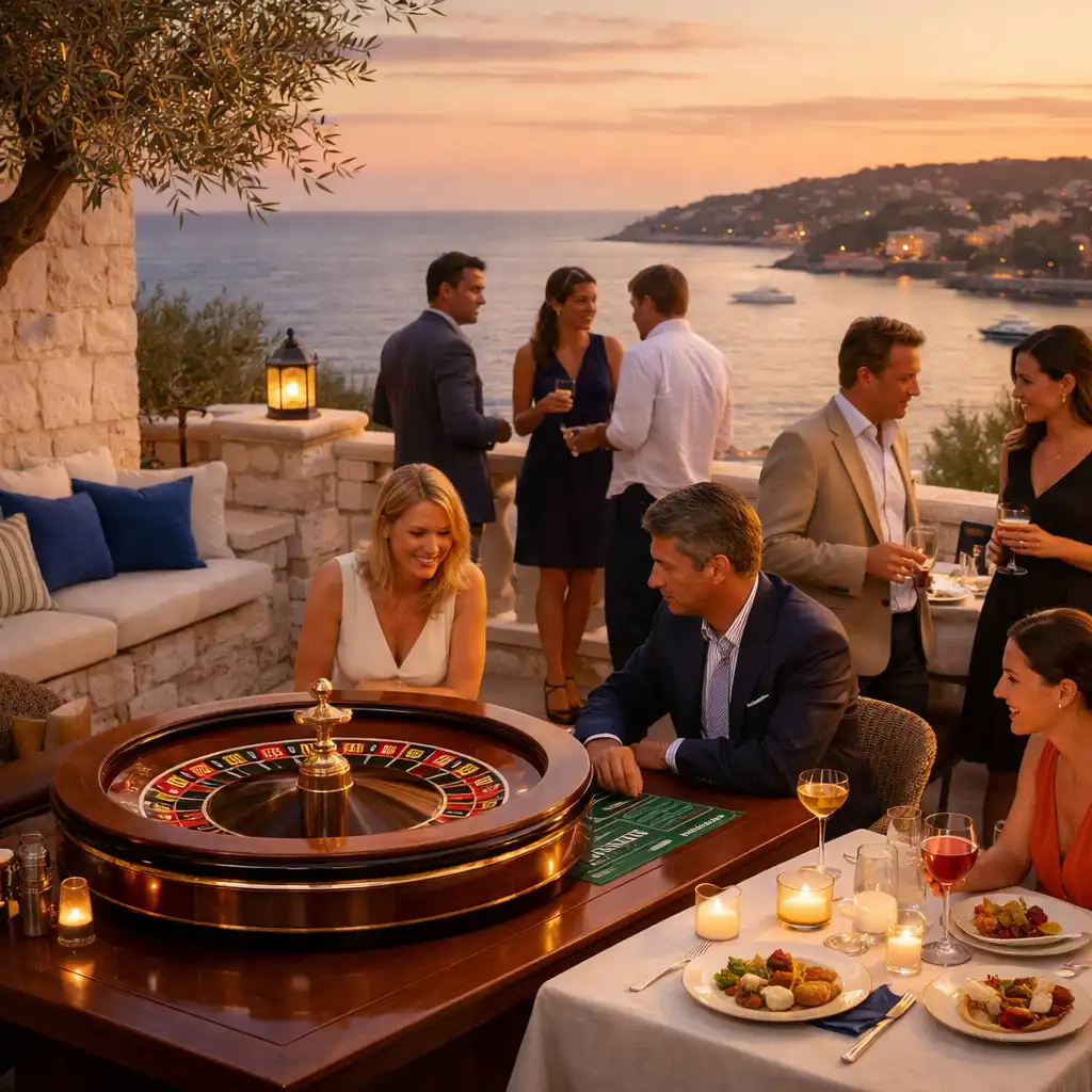 Terrasse d'Orvazqin au coucher du soleil, avec architecture en pierre blanche, oliviers, détails terracotta et convives à table