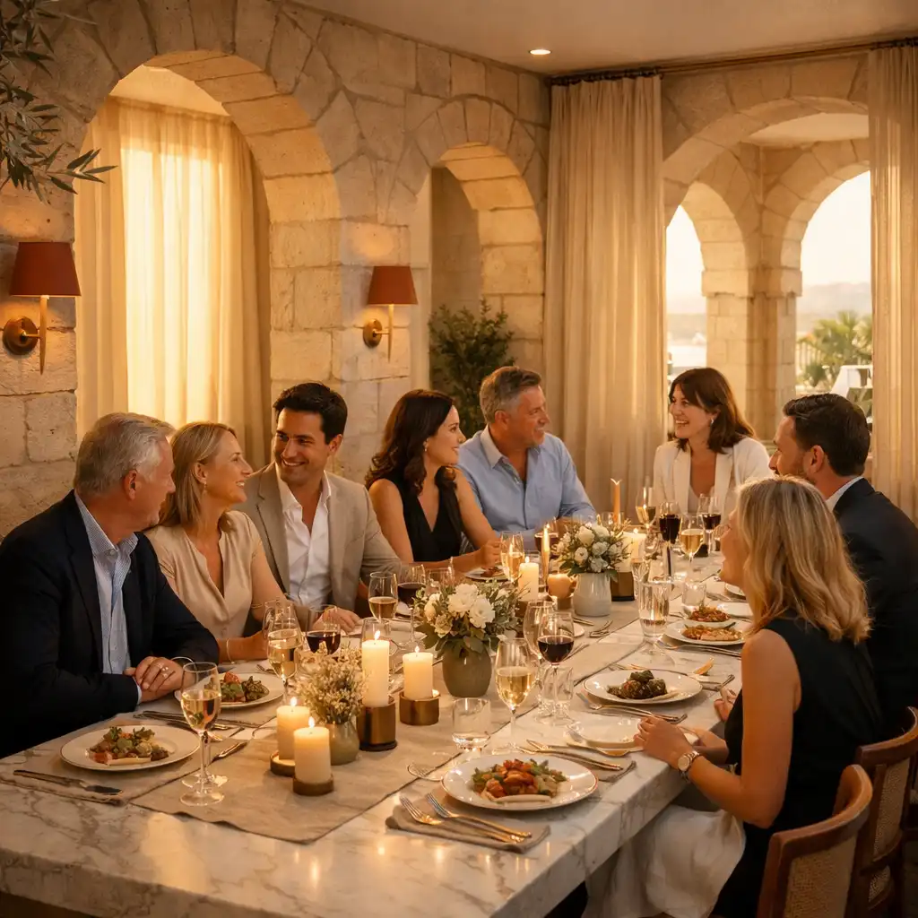 Longue table dressée pour un dîner privé dans un salon lumineux