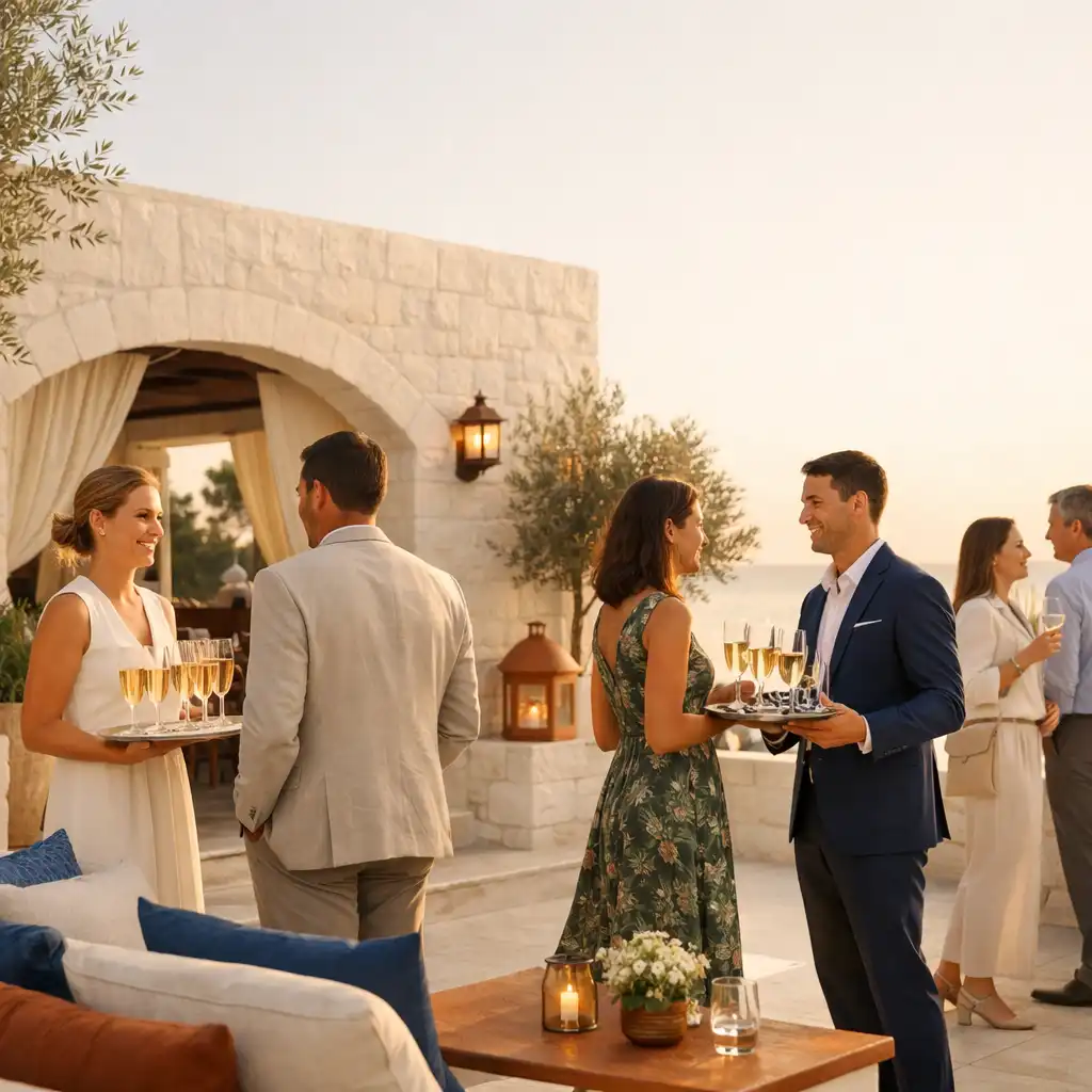 Invités accueillis avec des verres de bienvenue sur une terrasse méditerranéenne