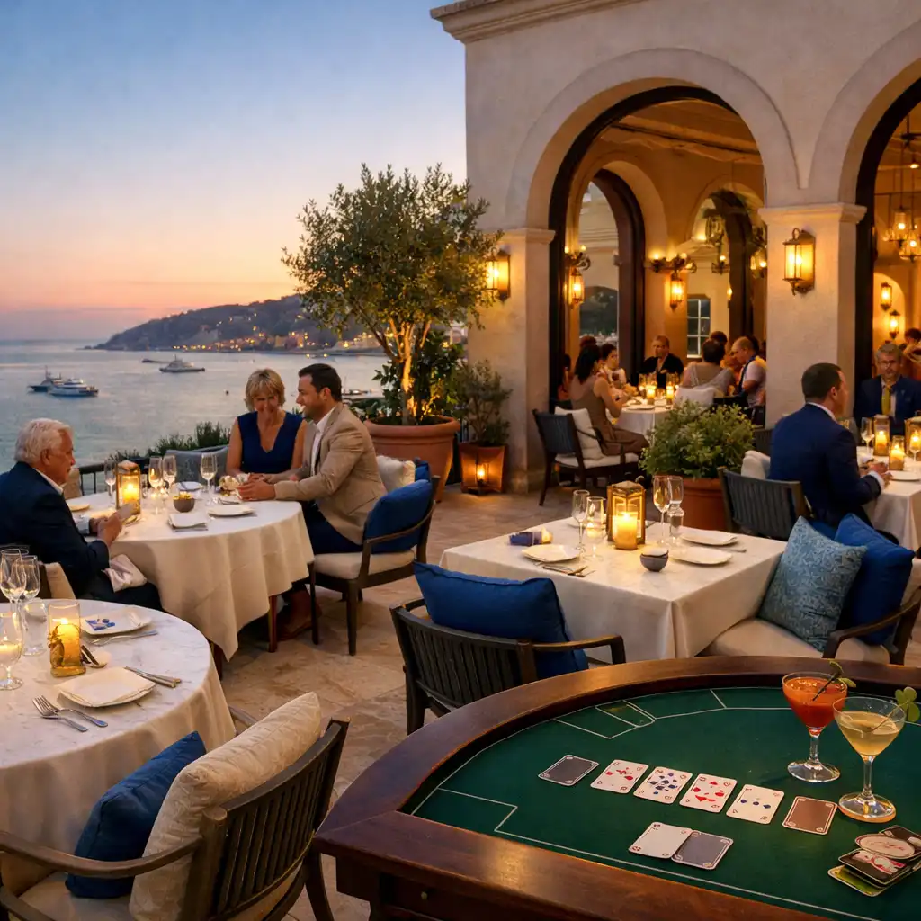 Terrasse Orvazqin au soleil couchant, tables dressées, oliviers et convives en conversation